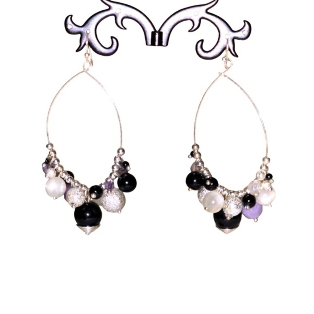 Lucky Brand Silver Beaded Teardrop Hoop Earrings Blue White Cluster Dangle
